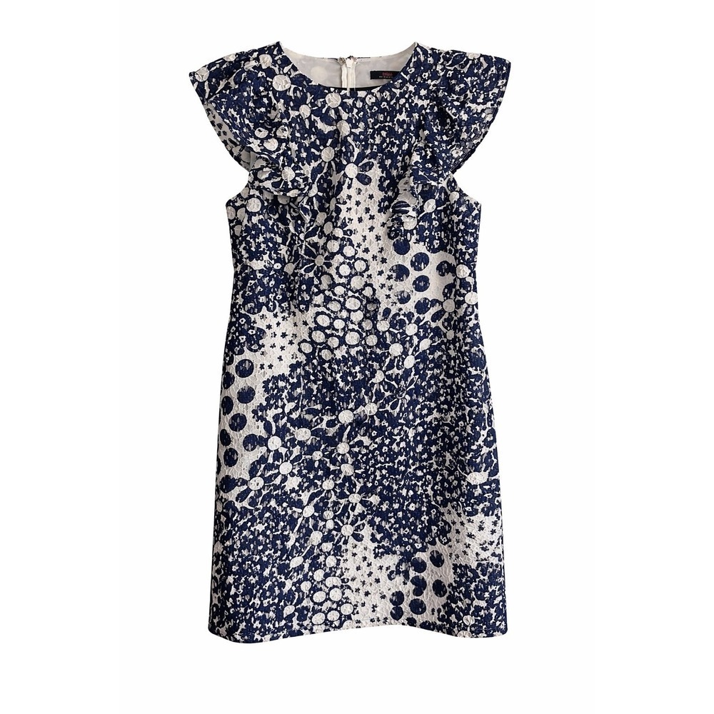Trina Turk Navy White Lace Ruffle Sleeve Dress Size M Elegant Sheath